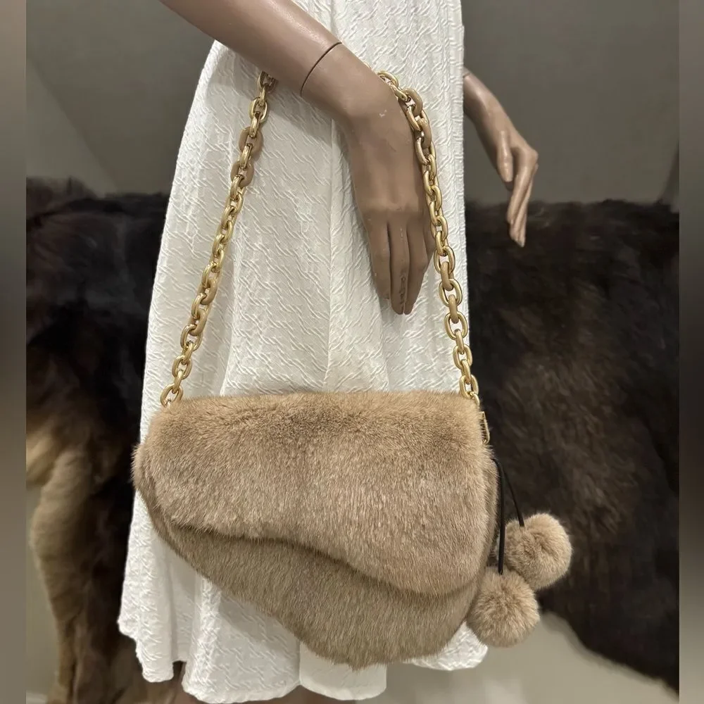 Natural Mink Fur Handmade Asymmetric Saddle Bag/Crossbody & 2 Mink Fur Charm - Picture 3 of 16